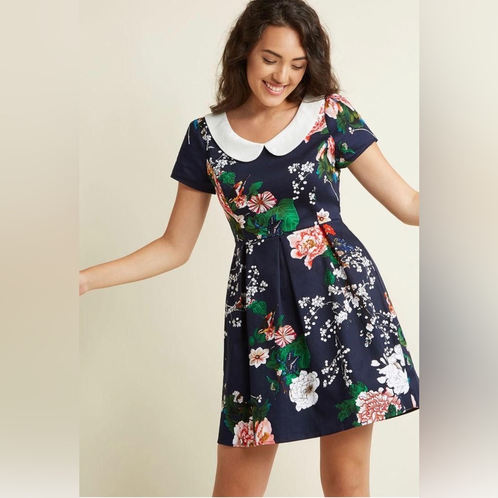 RARE. Navy Floral Record Time Collared A-Line Dress. No visible damage.